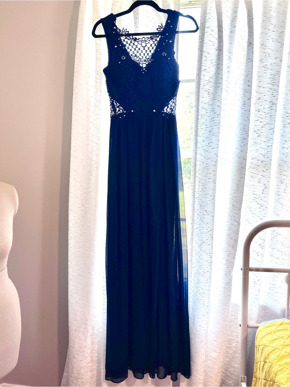 City Triangles Navy Blue Lace Maxi Dress Prom Homecoming